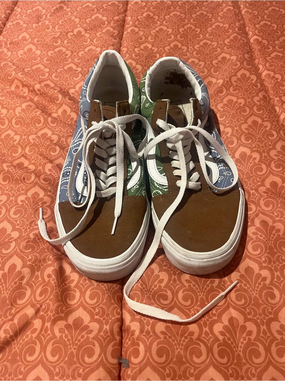 Vans Brown Suede Low-Top Sneakers with Green & Blue Bandana Panels